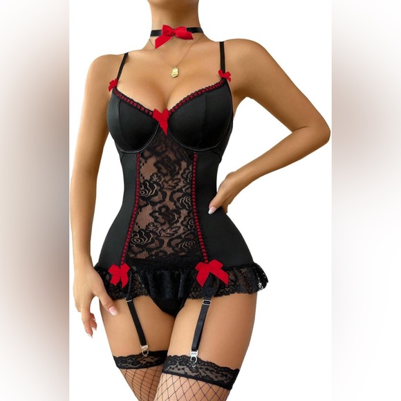 Christmas Sexy Stocking Garter Belt Bows Floral Lace Babydoll Corset Push Up